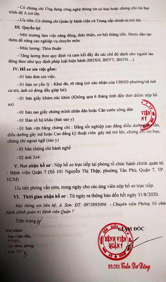 Bệnh viện Quận 7, TP.HCM tuyển dụng nhân sự năm 2020