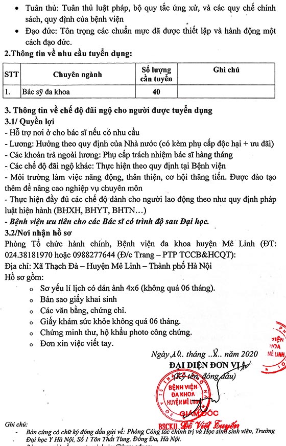 Bệnh viện Đa khoa Mê Linh, TP.Hà Nội tuyển dụng nhân sự năm 2020
