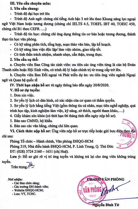 Cơ quan ĐH Quốc Gia TP.HCM tuyển dụng viên chức năm 2020