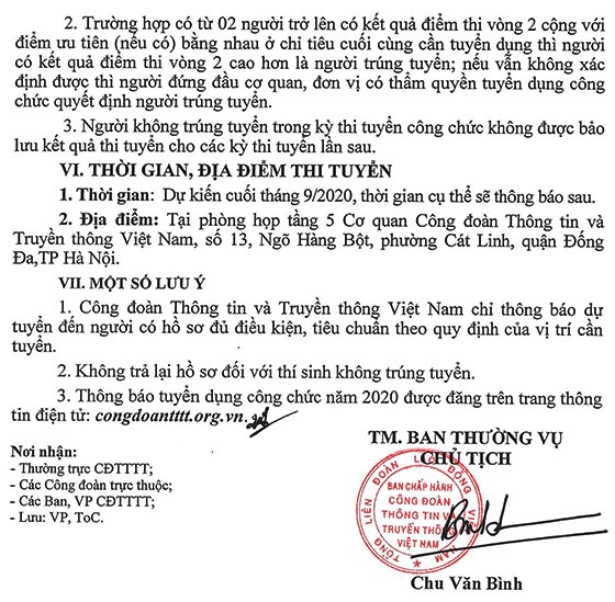 Công đoàn Thông tin và Truyền thông Việt Nam tuyển dụng công chức năm 2020