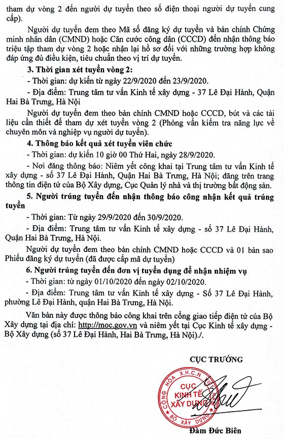 Cục Kinh tế xây dựng, Bộ Xây dựng tuyển dụng viên chức năm 2020