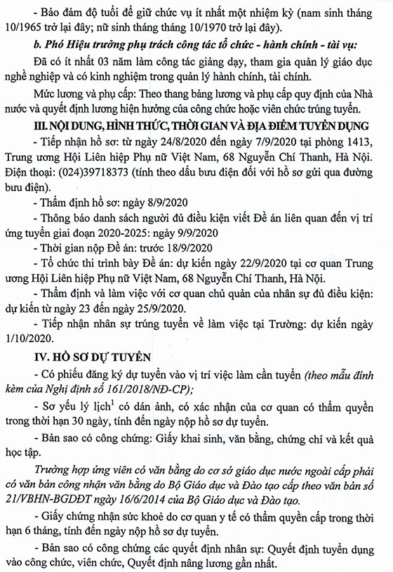 Đoàn Chủ tịch TW Hội LHPN Việt Nam tuyển dụng nhân sự năm 2020