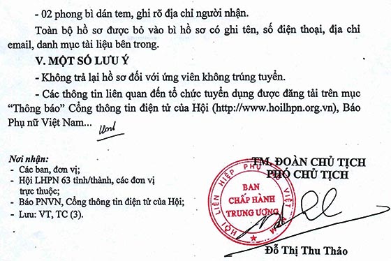 Đoàn Chủ tịch TW Hội LHPN Việt Nam tuyển dụng nhân sự năm 2020