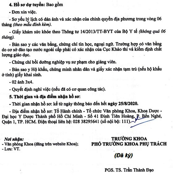 Khoa Dược – Trường Đại học Y Dược TP.HCM tuyển dụng giảng viên năm 2020