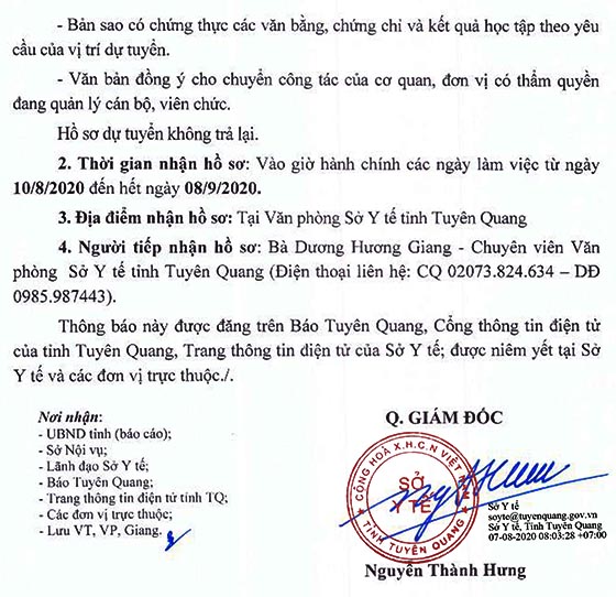 Sở Y tế tỉnh Tuyên Quang tiếp nhận viên chức năm 2020