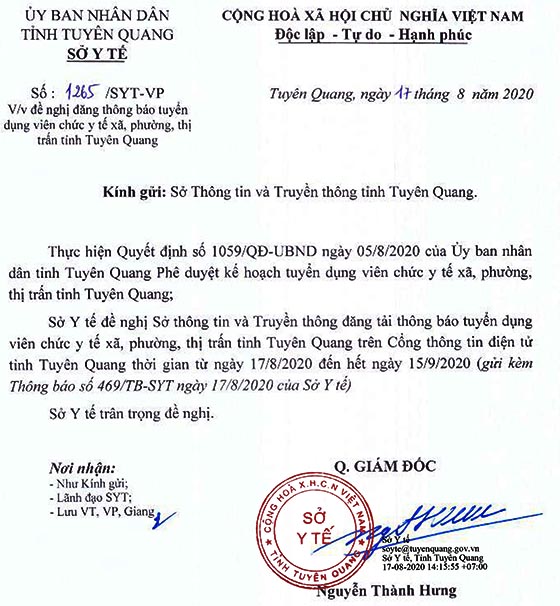 Sở Y tế tỉnh Tuyên Quang tuyển dụng viên chức năm 2020