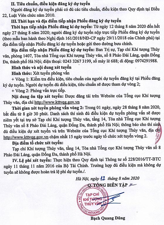Tạp chí Khí tượng Thủy văn tuyển dụng viên chức năm 2020