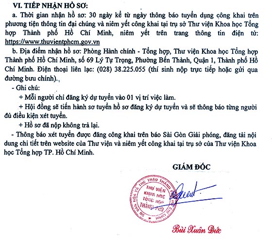 Thư viện Khoa học Tổng hợp TP.HCM tuyển dụng viên chức năm 2020