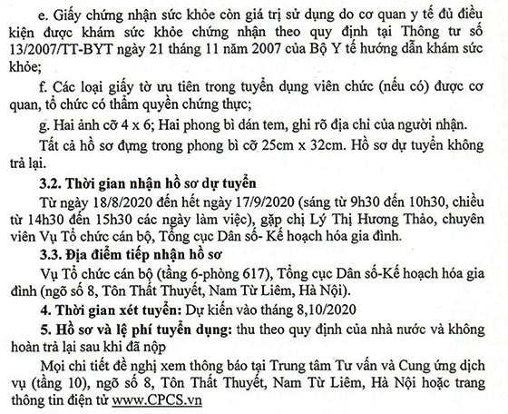 Tổng cục Dân số-Kế hoạch hóa gia đình tuyển dụng viên chức năm 2020