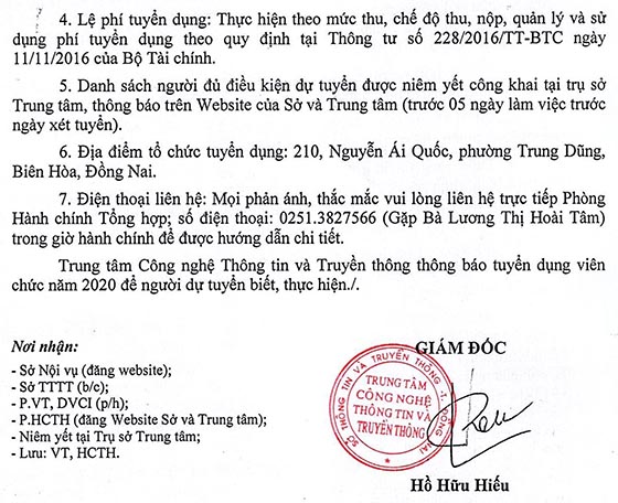 Trung tâm CNTT và Truyền thông tỉnh Đồng Nai tuyển dụng viên chức năm 2020
