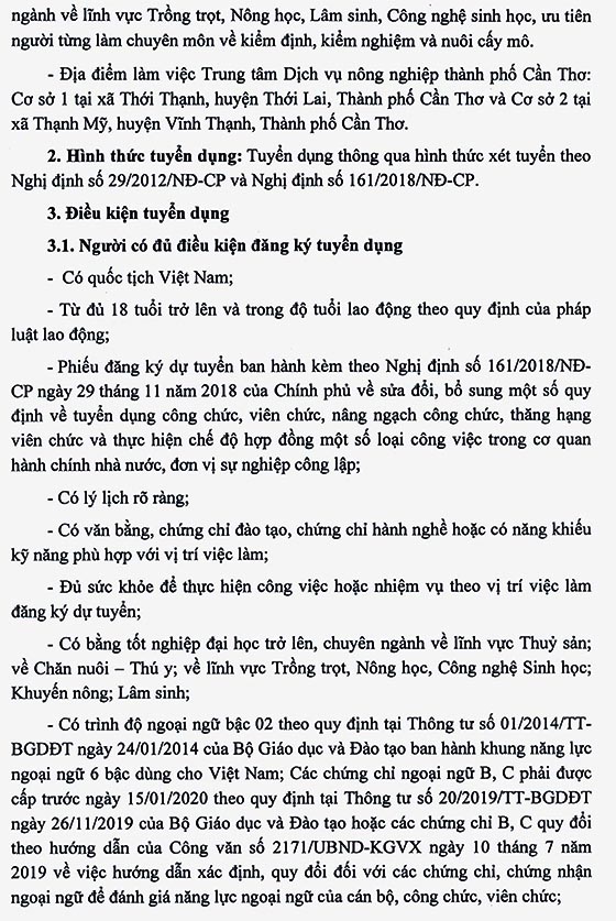 Trung tâm Dịch vụ nông nghiệp TP.Cần Thơ tuyển dụng viên chức năm 2020 (đợt 2)