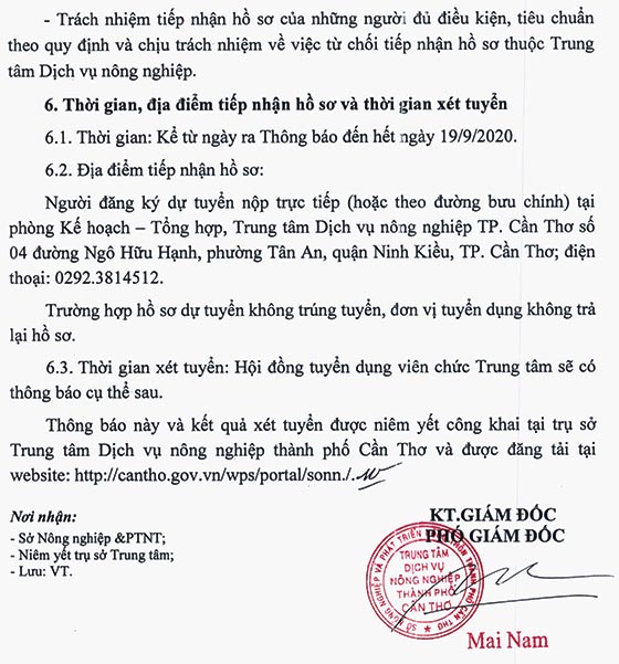 Trung tâm Dịch vụ nông nghiệp TP.Cần Thơ tuyển dụng viên chức năm 2020 (đợt 2)