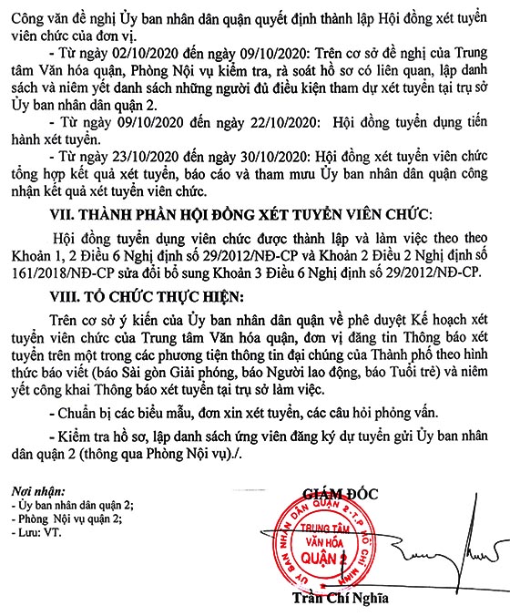 Trung tâm văn hóa Quận 2, TP.HCM tuyển dụng viên chức năm 2020