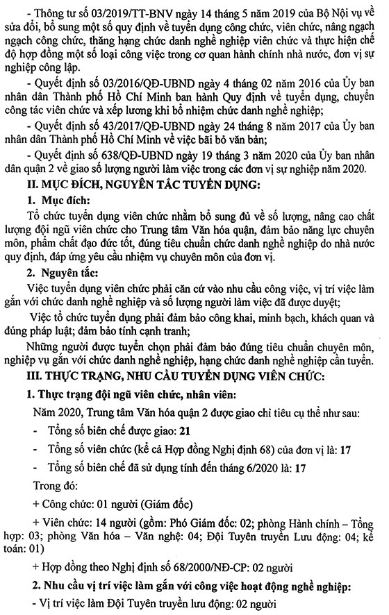 Trung tâm văn hóa Quận 2, TP.HCM tuyển dụng viên chức năm 2020
