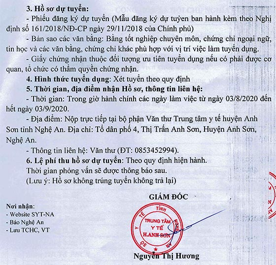 Trung tâm Y tế huyện Anh Sơn, tỉnh Nghệ An tuyển dụng viên chức năm 2020