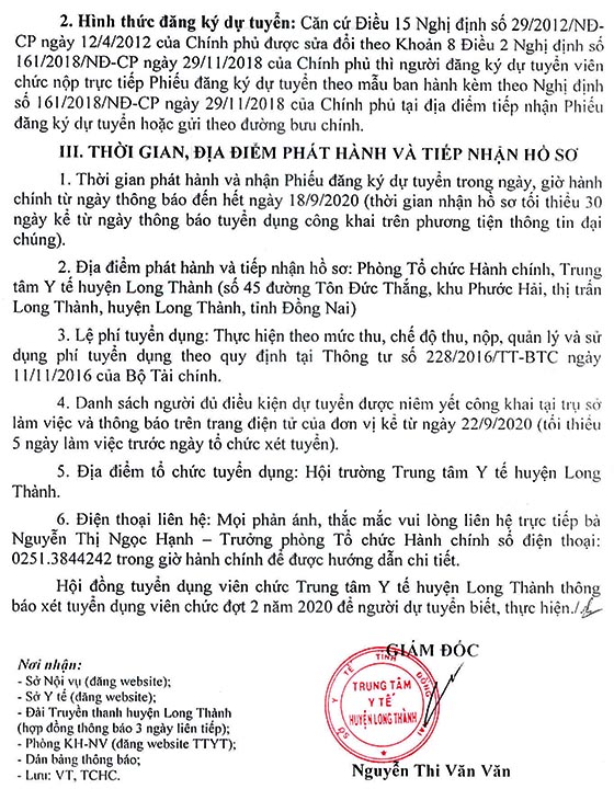 Trung tâm Y tế huyện Long Thành, Đồng Nai tuyển dụng viên chức đợt 2 năm 2020
