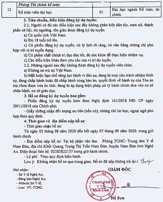 Trung tâm Y tế huyện Nam Đàn, Nghệ An tuyển dụng viên chức năm 2020