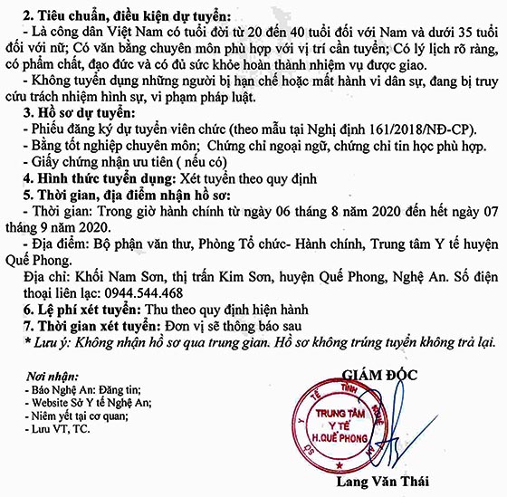 Trung tâm Y tế huyện Quế Phong, Nghệ An tuyển dụng viên chức năm 2020