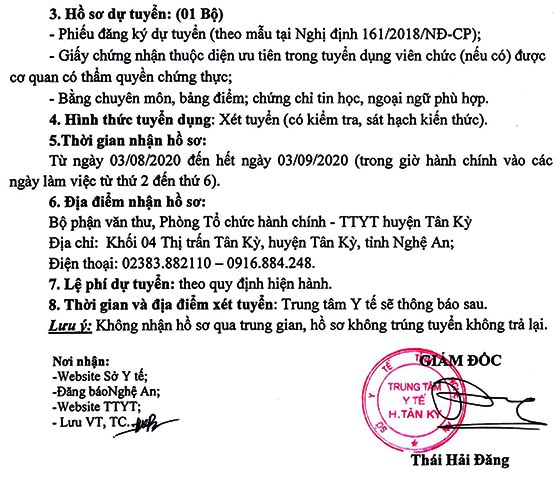 Trung tâm Y tế huyện Tân Kỳ, Nghệ An tuyển dụng viên chức năm 2020