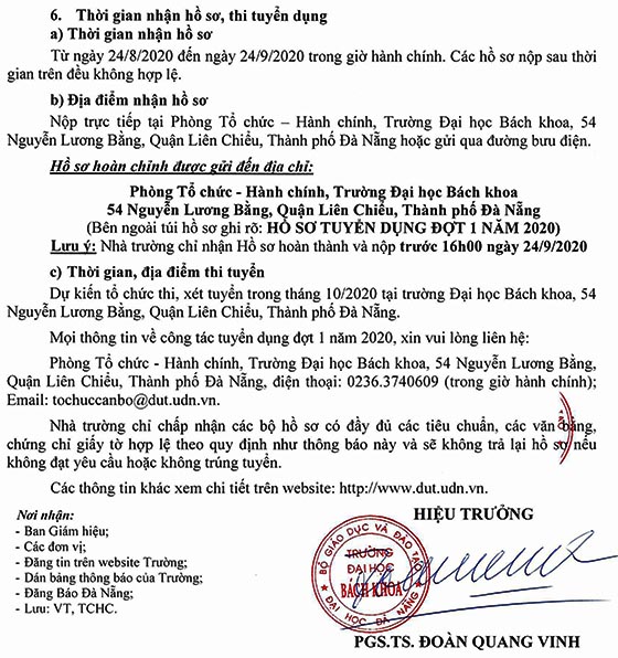 Trường Đại học Bách khoa, Đại học Đà Nẵng tuyển dụng viên chức đợt 1 năm 2020