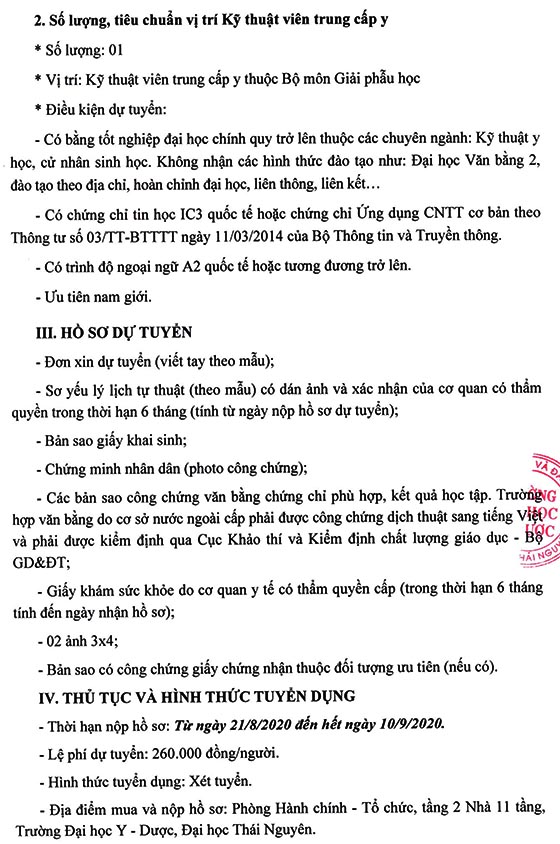 Trường Đại học Y - Dược, Đại học Thái Nguyên tuyển dụng lao động hợp đồng năm 2020