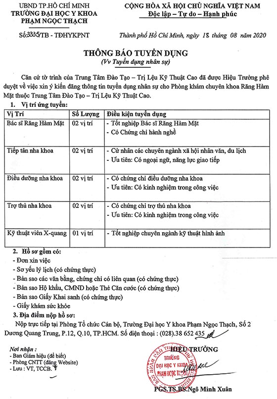 Trường Đại học Y khoa Phạm Ngọc Thạch, TP.HCM tuyển dụng nhân sự năm 2020