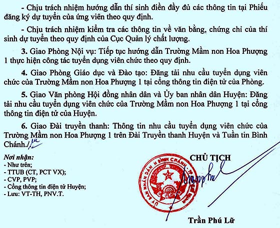 Trường Mầm non Hoa Phượng 1, Bình Chánh, TP.HCM tuyển dụng viên chức năm học 2020-2021