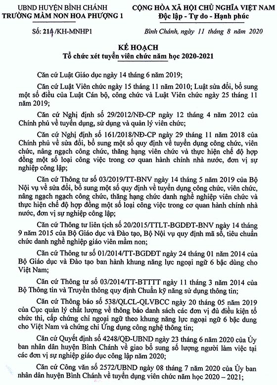 Trường Mầm non Hoa Phượng 1, Bình Chánh, TP.HCM tuyển dụng viên chức năm học 2020-2021