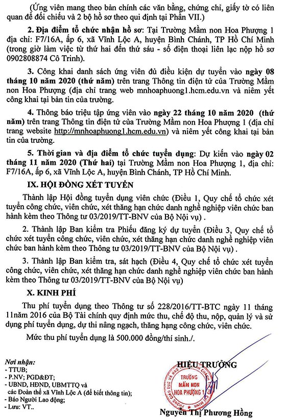 Trường Mầm non Hoa Phượng 1, Bình Chánh, TP.HCM tuyển dụng viên chức năm học 2020-2021