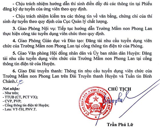 Trường Mầm non Phong Lan, Bình Chánh, TP.HCM tuyển dụng viên chức năm học 2020-2021