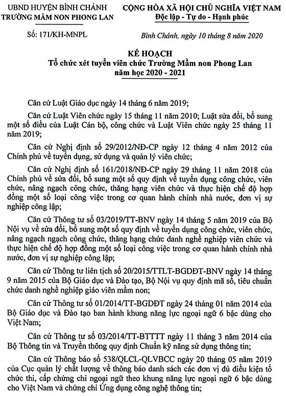 Trường Mầm non Phong Lan, Bình Chánh, TP.HCM tuyển dụng viên chức năm học 2020-2021