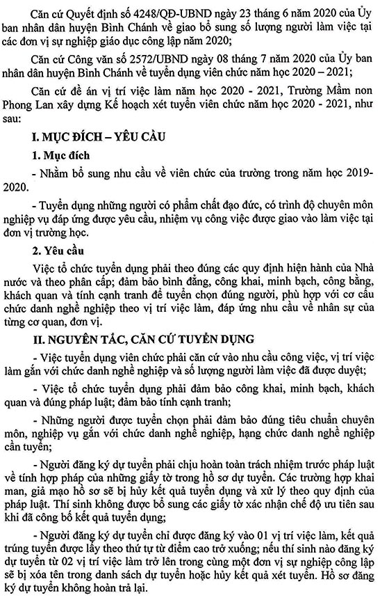 Trường Mầm non Phong Lan, Bình Chánh, TP.HCM tuyển dụng viên chức năm học 2020-2021