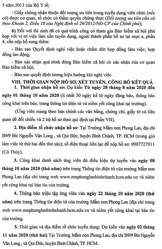Trường Mầm non Phong Lan, Bình Chánh, TP.HCM tuyển dụng viên chức năm học 2020-2021