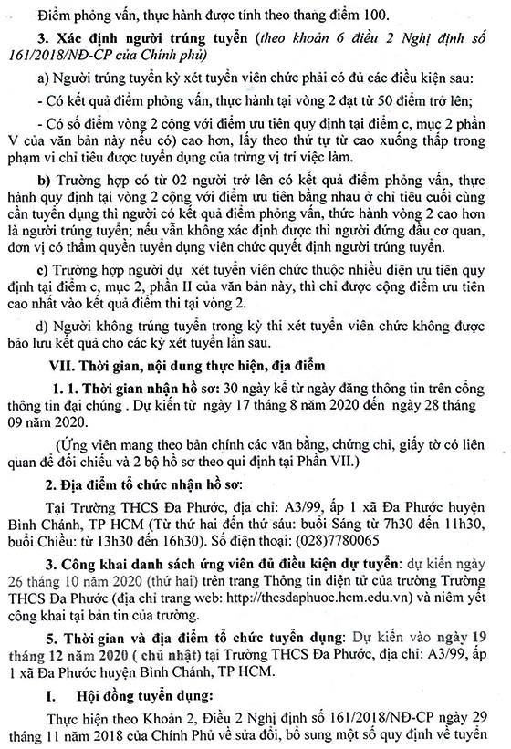 Trường THCS Đa Phước, Bình Chánh, TP. HCM tuyển dụng viên chức năm học 2020-2021