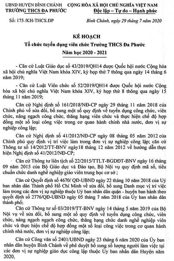 Trường THCS Đa Phước, Bình Chánh, TP. HCM tuyển dụng viên chức năm học 2020-2021