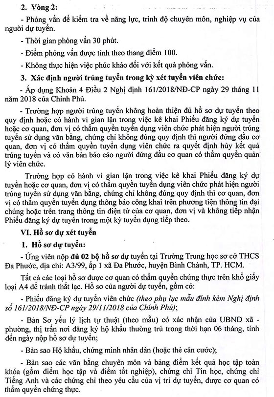 Trường THCS Đa Phước, Bình Chánh, TP. HCM tuyển dụng viên chức năm học 2020-2021