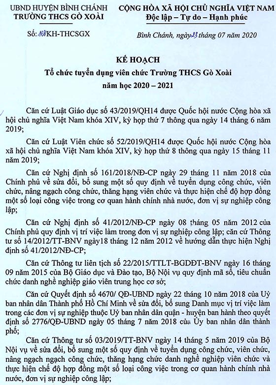 Trường THCS Gò Xoài, quận Bình Chánh, TP.HCM tuyển dụng viên chức năm học 2020 – 2021