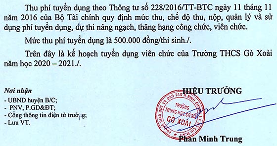 Trường THCS Gò Xoài, quận Bình Chánh, TP.HCM tuyển dụng viên chức năm học 2020 – 2021