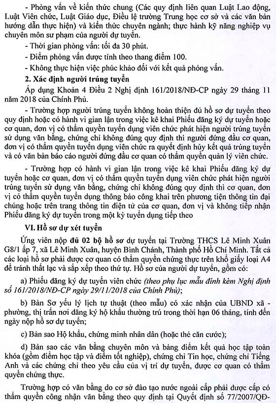 Trường THCS Lê Minh Xuân, Bình Chánh, TP.HCM tuyển dụng viên chức năm học 2020 – 2021