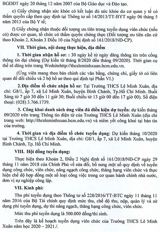 Trường THCS Lê Minh Xuân, Bình Chánh, TP.HCM tuyển dụng viên chức năm học 2020 – 2021