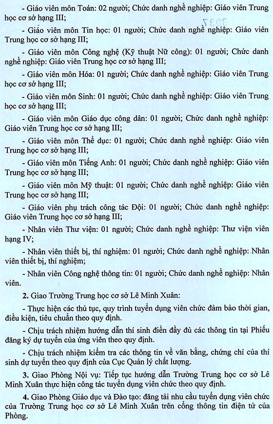 Trường THCS Lê Minh Xuân, Bình Chánh, TP.HCM tuyển dụng viên chức năm học 2020 – 2021