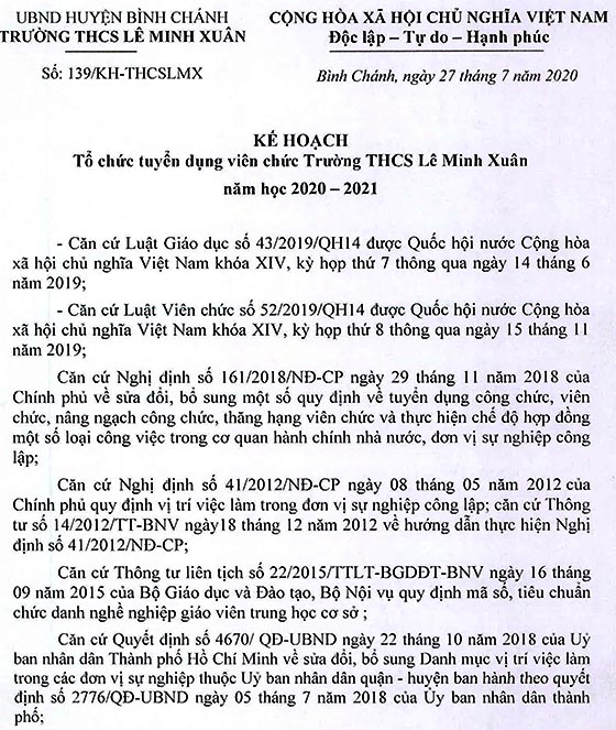 Trường THCS Lê Minh Xuân, Bình Chánh, TP.HCM tuyển dụng viên chức năm học 2020 – 2021