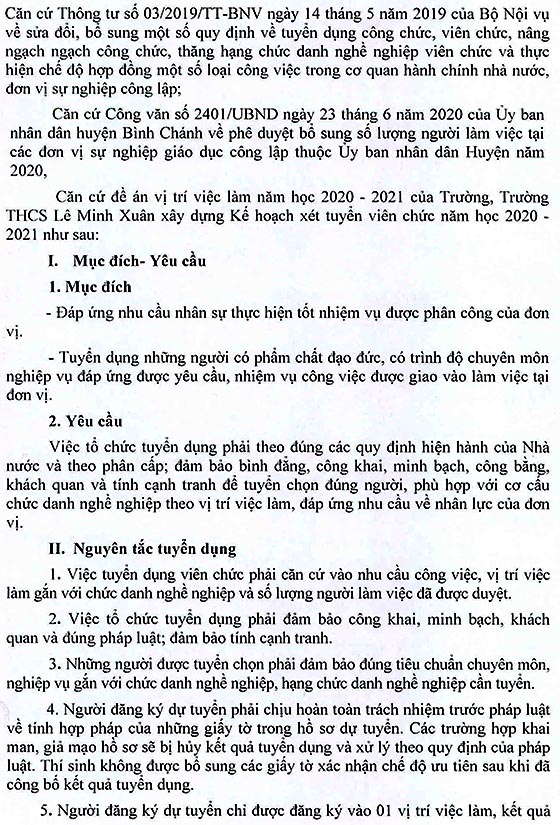 Trường THCS Lê Minh Xuân, Bình Chánh, TP.HCM tuyển dụng viên chức năm học 2020 – 2021