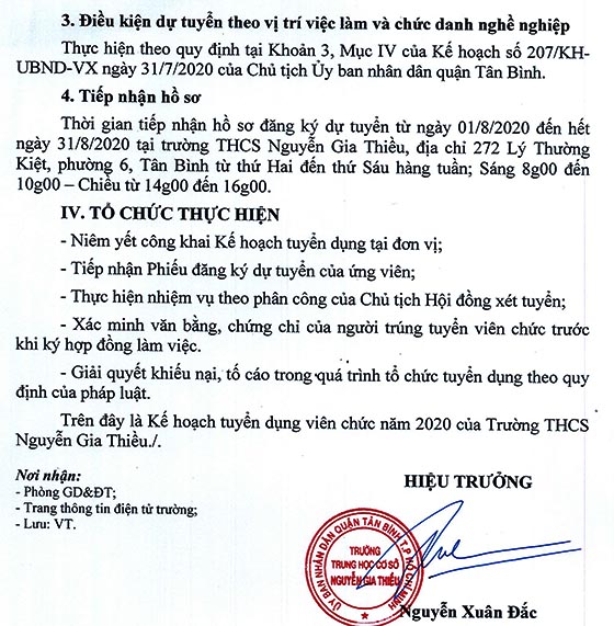 Trường THCS Nguyễn Gia Thiều, Tân Bình, TP.HCM tuyển dụng viên chức năm 2020