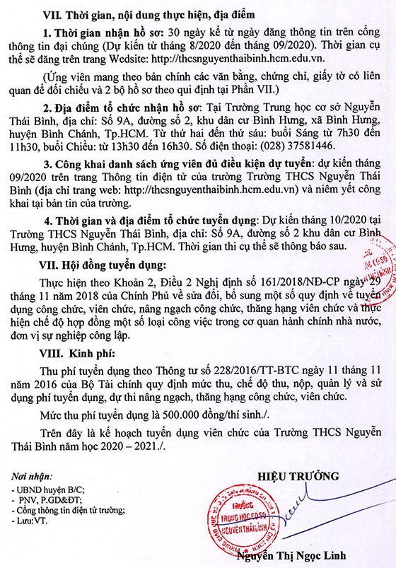 Trường THCS Nguyễn Thái Bình, Bình Chánh, TP. HCM tuyển dụng viên chức năm học 2020-2021