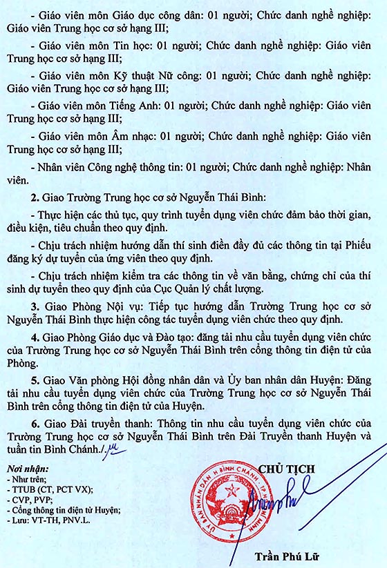 Trường THCS Nguyễn Thái Bình, Bình Chánh, TP. HCM tuyển dụng viên chức năm học 2020-2021