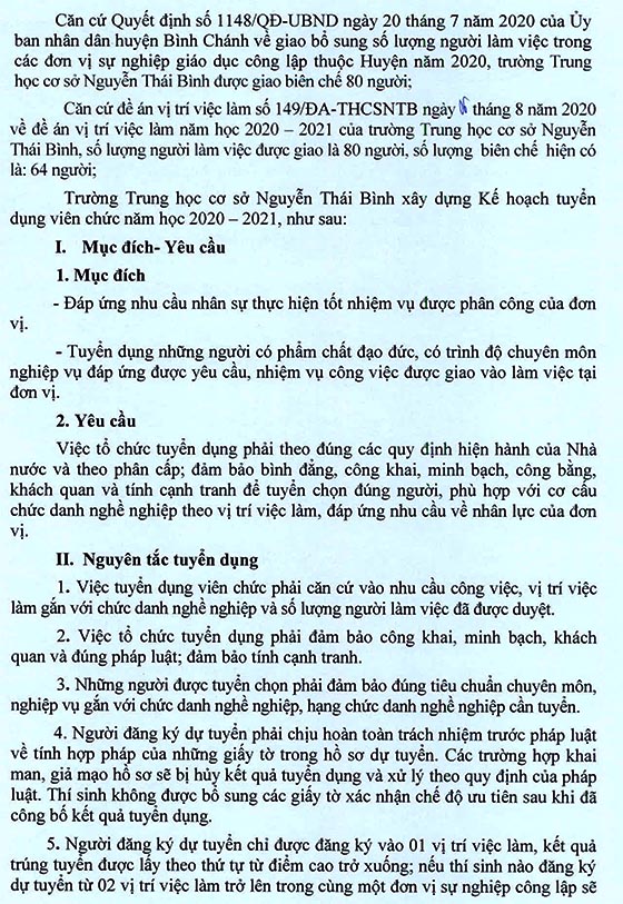 Trường THCS Nguyễn Thái Bình, Bình Chánh, TP. HCM tuyển dụng viên chức năm học 2020-2021