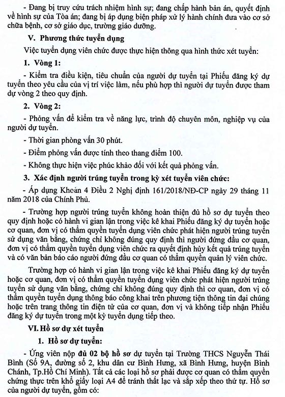 Trường THCS Nguyễn Thái Bình, Bình Chánh, TP. HCM tuyển dụng viên chức năm học 2020-2021