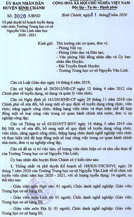 Trường THCS Nguyễn Văn Linh, Bình Chánh, TP.HCM tuyển dụng viên chức năm học 2020 – 2021