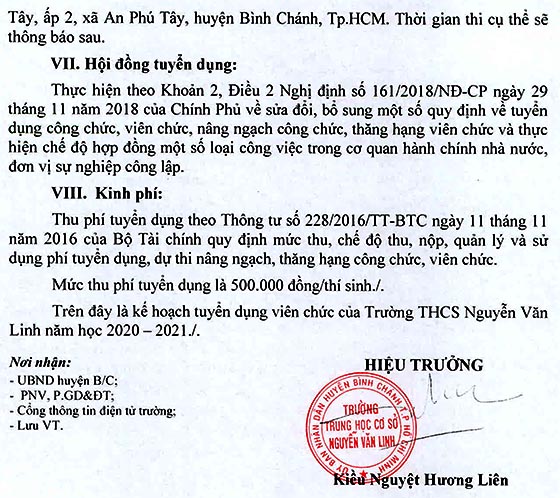 Trường THCS Nguyễn Văn Linh, Bình Chánh, TP.HCM tuyển dụng viên chức năm học 2020 – 2021